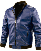 Flat lay of the men's leather jacket showing overall shape and front detail