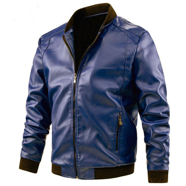 Flat lay of the men's leather jacket showing overall shape and front detail