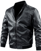 Rear view of the men's leather jacket displaying the straight hem and back panel