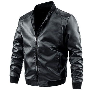 Rear view of the men's leather jacket displaying the straight hem and back panel
