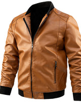 Side view showing the hip-length hem and structured silhouette of the leather jacket
