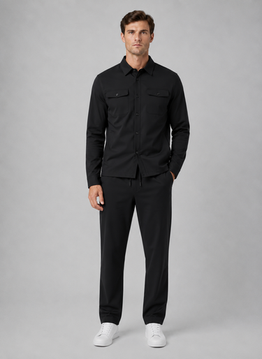 Side view of the overshirt and trousers co-ord set