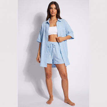 Front view of a women's co-ord two-piece set with matching top and shorts