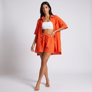 Flat lay of the matching top and shorts side by side