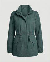 Full-length view of the utility jacket styled for casual wear