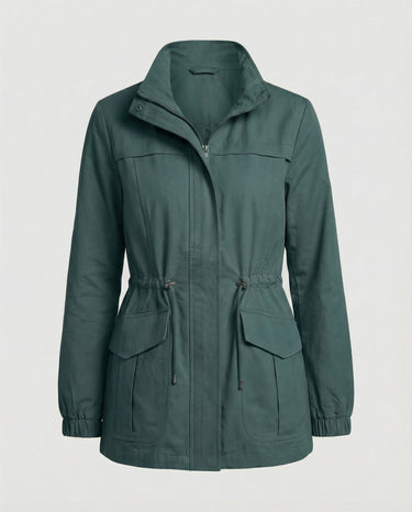 Full-length view of the utility jacket styled for casual wear