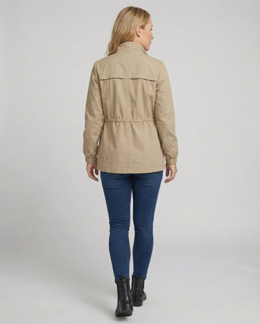 Close-up of the zip stand collar on the utility jacket