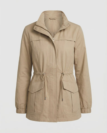 Side view highlighting the drawstring waist on the utility jacket