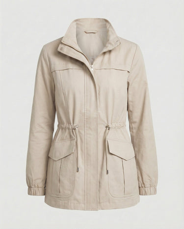 Model wearing the utility jacket with flap pockets visible