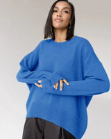 Front view of a long-sleeve round neck sweater in burgundy