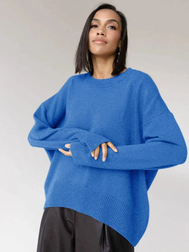 Front view of a long-sleeve round neck sweater in burgundy
