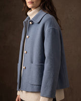 Full-length front view of a cashmere wool jacket with relaxed silhouette