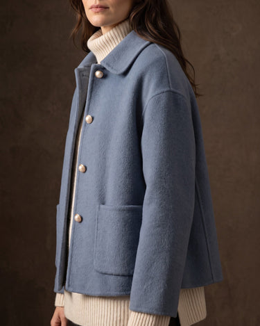 Full-length front view of a cashmere wool jacket with relaxed silhouette