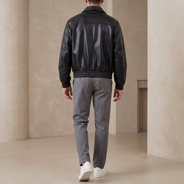 Men's retro faux leather jacket with zip closure, three-quarter view