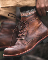 Sole detail of retro leather boot showing textured rubber grip pattern