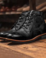 Men's retro round-toe leather boot with zip and lace-up closure, side view