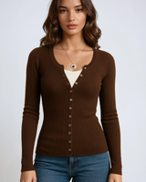 Front view of ribbed roll neck top with button-down front in slim fit