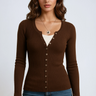 Front view of ribbed roll neck top with button-down front in slim fit