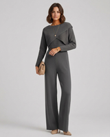 Detail shot of the ribbed knit texture on the trousers