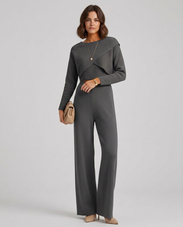 Detail shot of the ribbed knit texture on the trousers