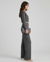 Back view of the knit co ord set with wide-leg trousers