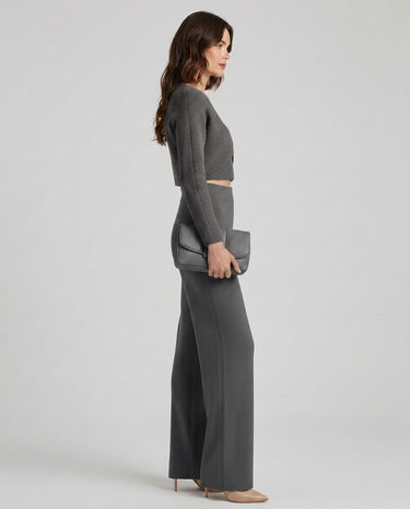 Back view of the knit co ord set with wide-leg trousers