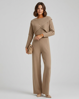 Front view of a knit co ord set with asymmetric top and wide-leg trousers