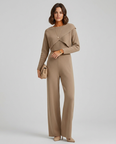 Front view of a knit co ord set with asymmetric top and wide-leg trousers