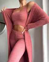 Full-length shot of all three pieces of the ribbed knit set laid flat