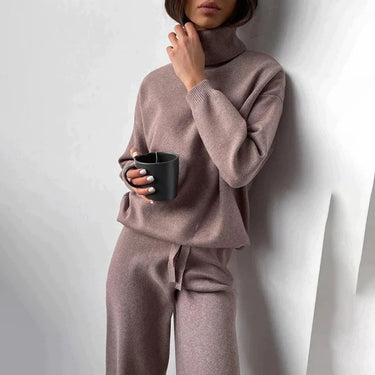 Front view of ribbed knit co-ord set with turtleneck sweater and straight-leg trousers