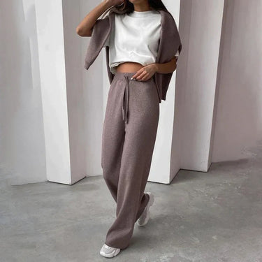 Close-up of ribbed knit texture on sweater and matching trousers