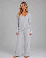 Back view of the ribbed knit jumper and wide leg trousers