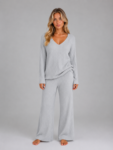 Back view of the ribbed knit jumper and wide leg trousers