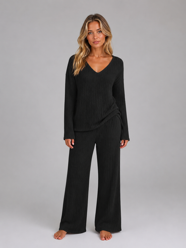 Close-up of the ribbed texture on the wide leg trousers