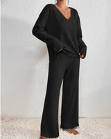 Close-up of the ribbed knit texture on the top and trousers