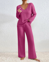 Full-length front view of the ribbed knit set on a model