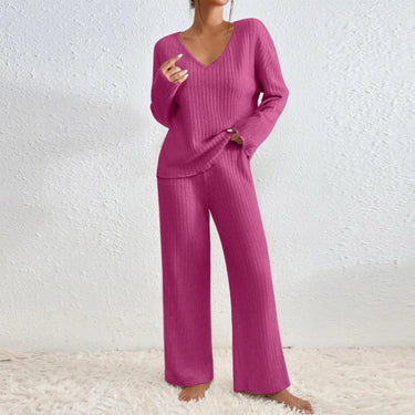 Full-length front view of the ribbed knit set on a model