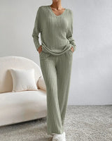 Rear view of the ribbed knit co-ord set showing the wide-leg trousers