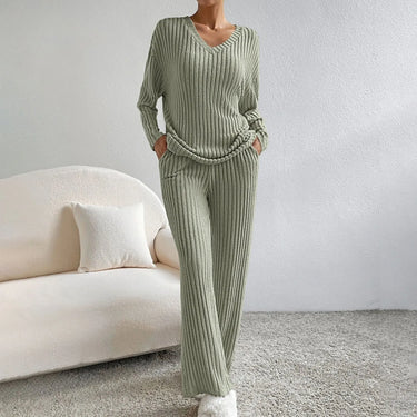 Rear view of the ribbed knit co-ord set showing the wide-leg trousers