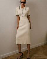 Ribbed Knit Midi Dress with Polo Collar