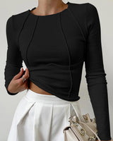 Ribbed Long Sleeve Top with Exposed Seam Detail