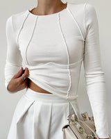 Ribbed Long Sleeve Top with Exposed Seam Detail