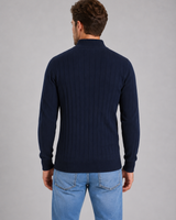 Close-up of quarter zip fastening and funnel neck detail