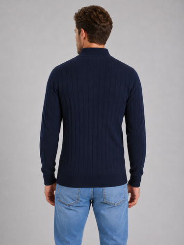 Close-up of quarter zip fastening and funnel neck detail