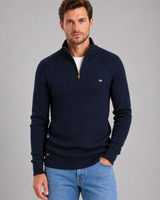 Men's ribbed quarter zip jumper with funnel neck, front view