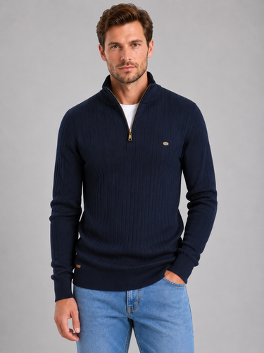 Men's ribbed quarter zip jumper with funnel neck, front view
