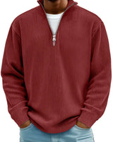Front view of men's ribbed quarter-zip jumper with stand collar