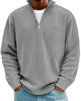 Three-quarter view of men's ribbed quarter-zip jumper