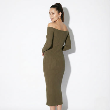 Ribbed Off-Shoulder Maxi Dress with Long Sleeves