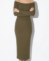 Ribbed Off-Shoulder Maxi Dress with Long Sleeves